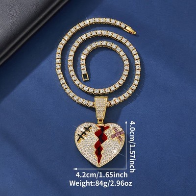 Large Broken Heart pendant & 1 Row Tennis Chain Hip Hop Style Necklace Jewelry