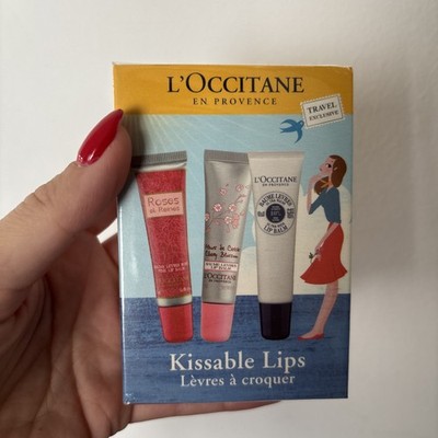 SET Loccitane kissable lips Bio 3x 12ml shea butter roses cherry balms 