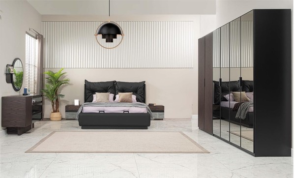 Doppelbett Garnitur Schlafzimmer Bett Nachttische Schwarz Set 6Tlg-image