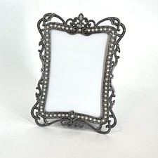 Vintage Fleur de Lis Art Nouveau Photo Frame Pearl Rhinestone Scroll Vanity 5x7