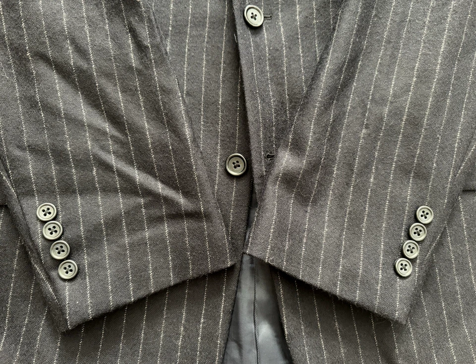 Paul Fredrick Suit Men's 40R - 33W x 29L Flannel Wool 3-Button Black Striped Euc - Image 3 of 4