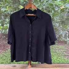 Boden Women's Black 100% Linen Short Sleeve Button Front Top Size 16-18