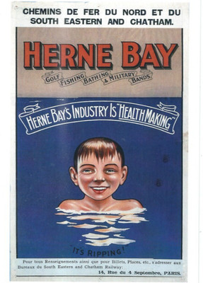 EISENBAHN WERBEPLAKAT AUF POSTKARTE HERNE BAY KENT KARTE NR 1O172240
