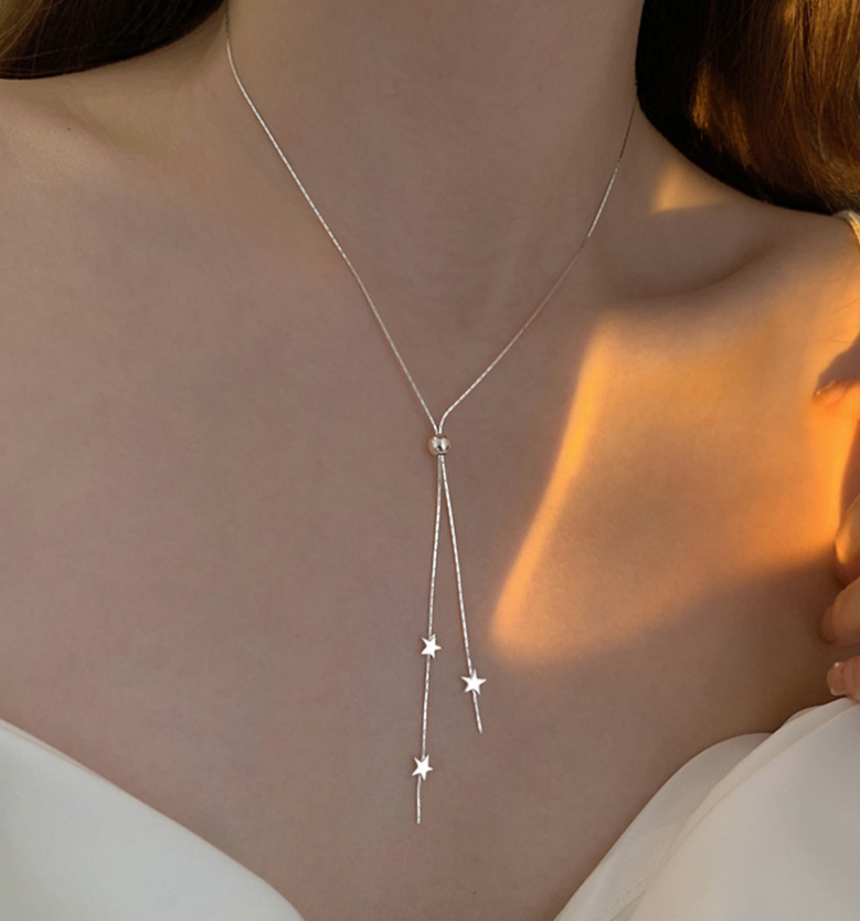 925 Sterling Silver Plated Star Slide Lariat Pendant Necklace Women