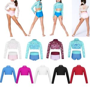 ACSUSS Girls 2 Pieces Dance Outfits Ballet Gymnastics Leotard Floral Lace Long Sleeves Crop Top with Bottoms Dancewear 