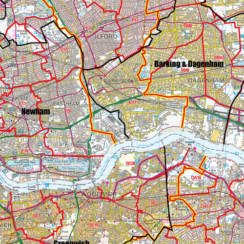 Greater London Authority Boroughs with Postcode Districts, (Within M25) Wall Map - Picture 3 of 5