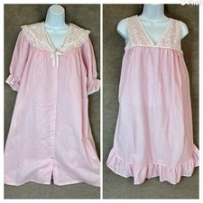 Vintage Nightgown Robe Sleep Set S Pink Midi Ruffle Lace Lingerie Peignoir Cotto