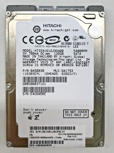 120 GB SATA NOTEBOOK FESTPLATTE HITACHI HTS541612J9SA00 0A50839 2,5 ZOLL #NFP682