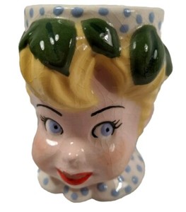 Vtg Tinker Fairy Head Mug Kiem Co. Handpainted Blue Eyes Polka Dots Leaves Chips