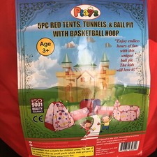 Playz 5pc Kids Red Tents, Tunnels, and Ball Pit with Basketball Hoop