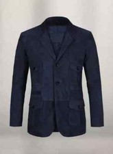 New Men Navy Blue Blazer Suede Formal Handmade Genuine Lambskin Leather Stylish