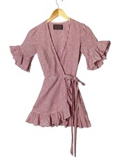 Reformation XS Kelsey Dress Red & White Linen Stripes Ruffles Mini Wrap Dress