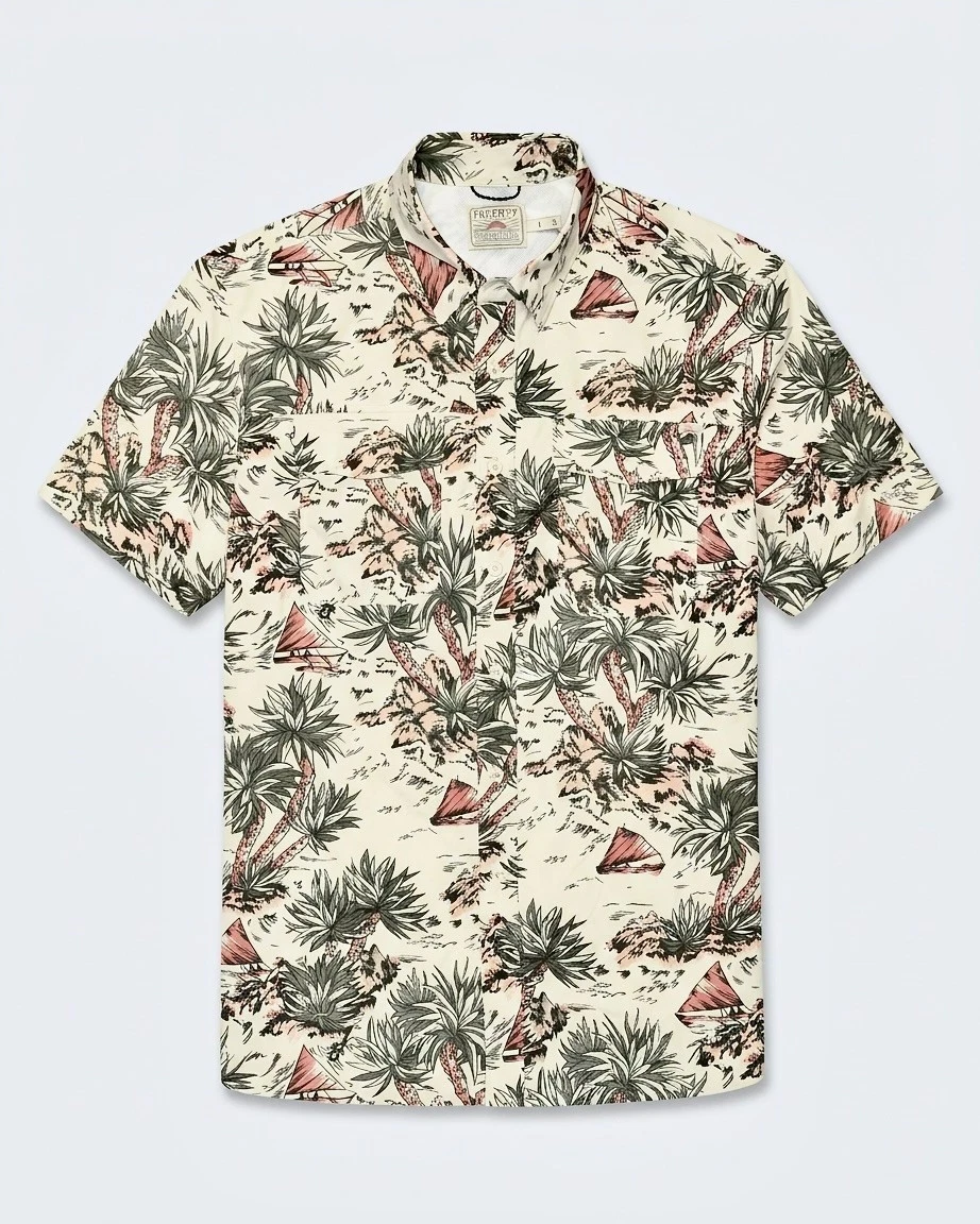 Faherty Shorelite Air Shirt L Scenic Safari Cream Island Fish Snap Pocket