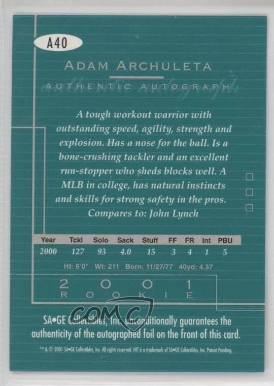 2001 SAGE Hit Auto Foilboard Adam Archuleta #A40 Rookie Auto RC - Image 2 of 2