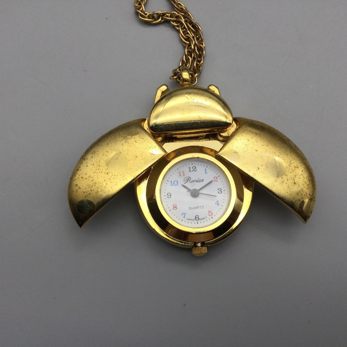 Vintage Cyclone 1960’s GoldTone Metal LadybugCicada Pendant/Pocket Watch VINTAGE LUCERNE LADYBUG WATCH AND CHAIN FROM HONG KONG  main image 3