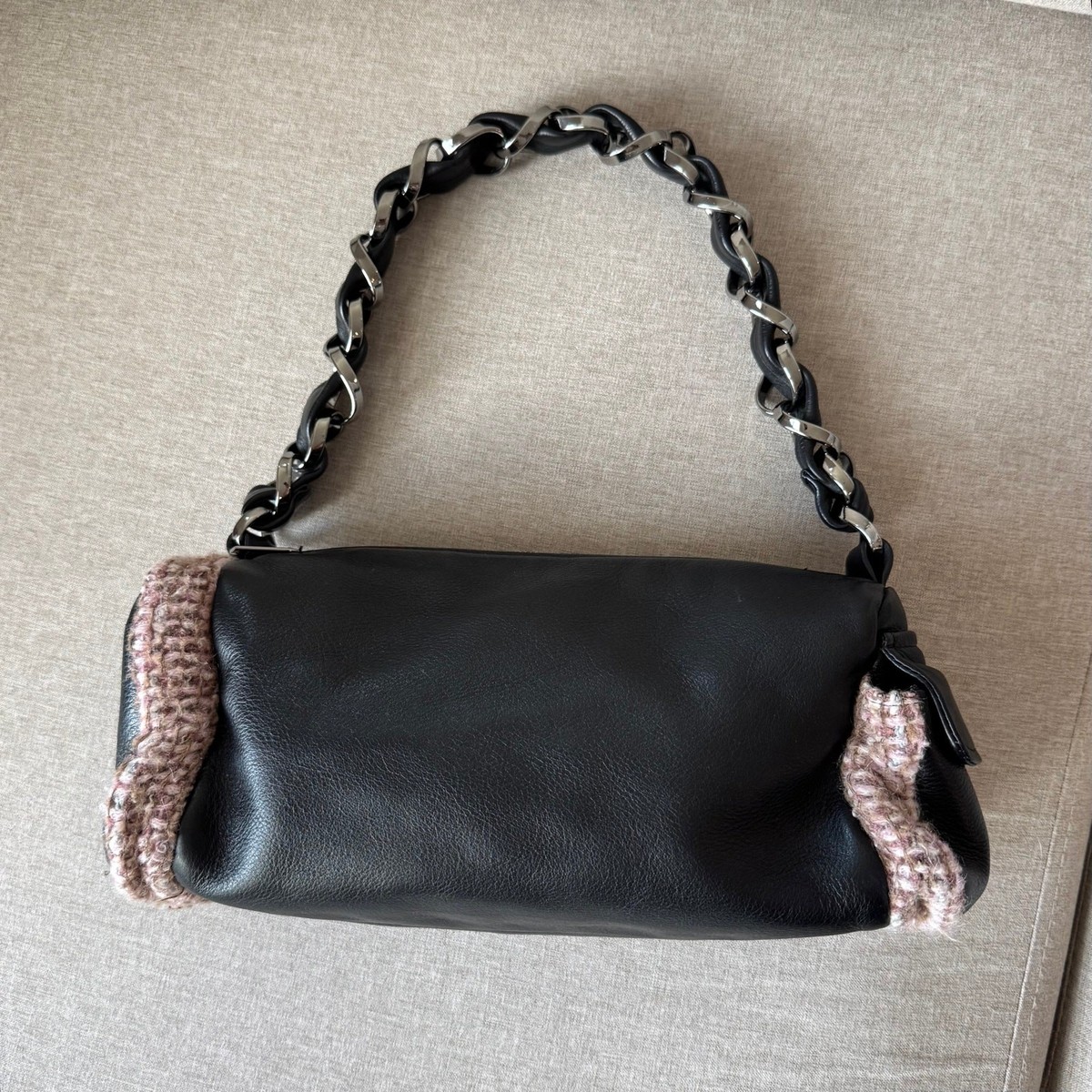 CHANEL Black Leather Pink Brown Tweed Trim Chainlink Barrel Shoulder Bag  Y2K | eBay