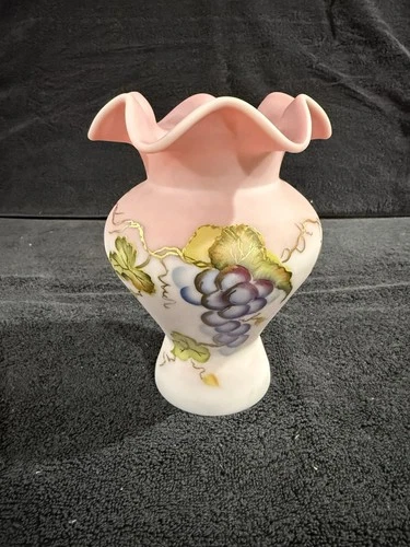 Fenton Art Glass 2005 7" Blue Burmese Vase, LTD #99/1950, HP, Grape Vines