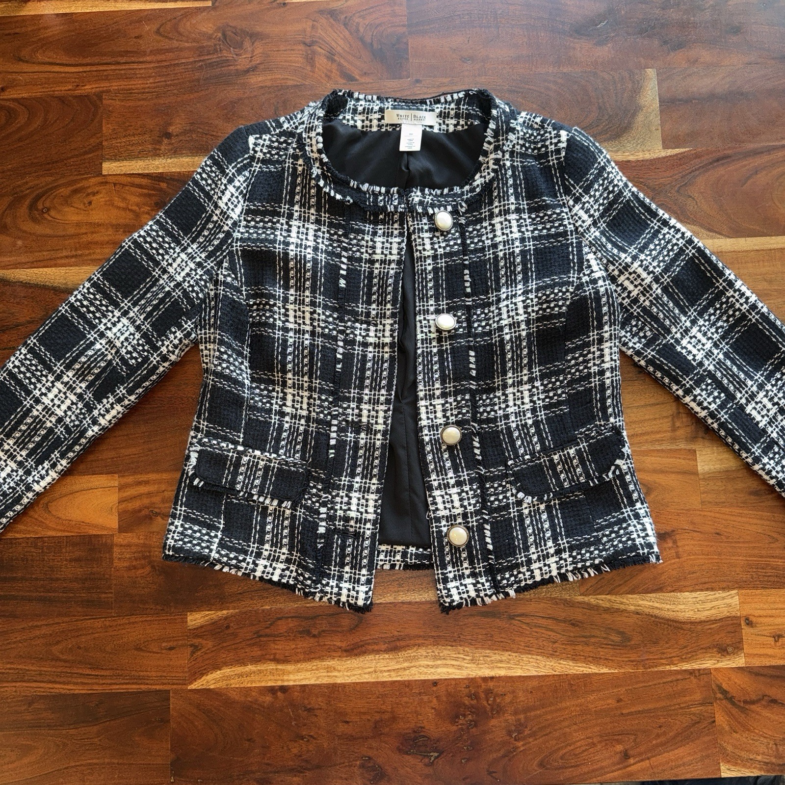 White House Black Market Women's Plaid Blazer Jacket Button Fringe Pockets 00