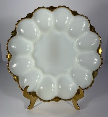 Fire-King Anchor Hocking Milk Glass Deviled Egg Plate   12 Egg Wells   22K Gold