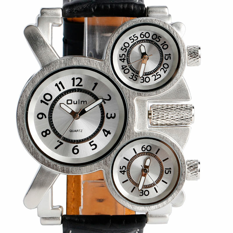 OULM Quartz Watches 3 Time Zone Big Face Dial Leather Strap Steel