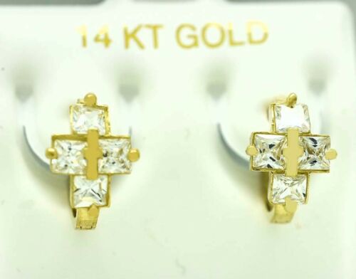 LAB CREATED 1.40 Cts WHITE SAPPHIRE CROSS HUGGIE EARRINGS 14K GOLD - MADE IN USA - Picture 1 of 4