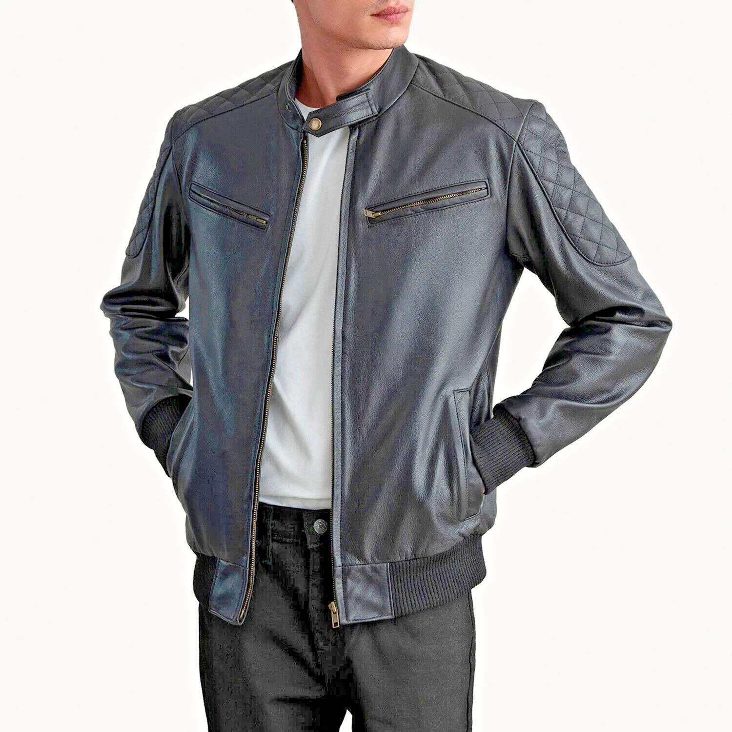 Men's Black Leather Bomber Jacket - Genuine Stylish Outerwear Coat All Sizes