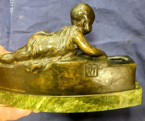 Antique Bronze Armor Works NY Bronze Baby Double Inkwell Sculptor Initials RARE - Picture 7 of 17
