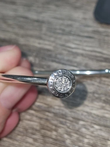 PANDORA Sterling silver 925 Signature Logo Pave Open Cuff Bangle 590528 Size 2 - Picture 13 of 14