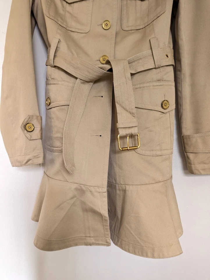 Tory Burch Trench Talla 4 Algodón Sarga Caqui Botón Manga Larga Bolsillos!! Acampanado Foto 2 de 4