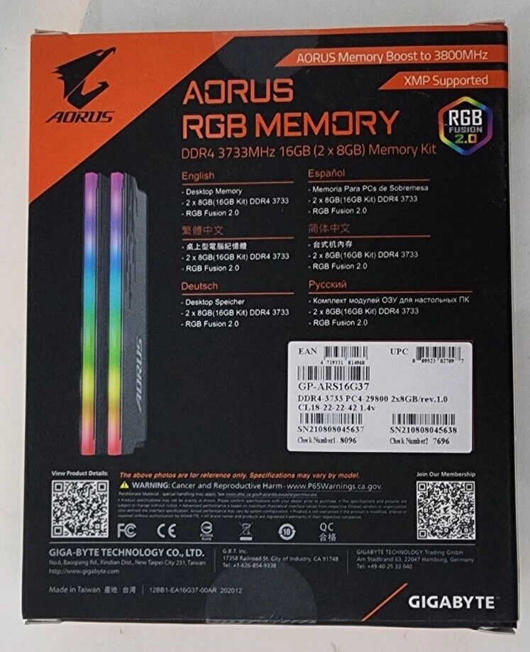GIGABYTE AORUS RGB Memory DDR4 16GB (2x8GB) 3733MH/z - Image 2 of 3