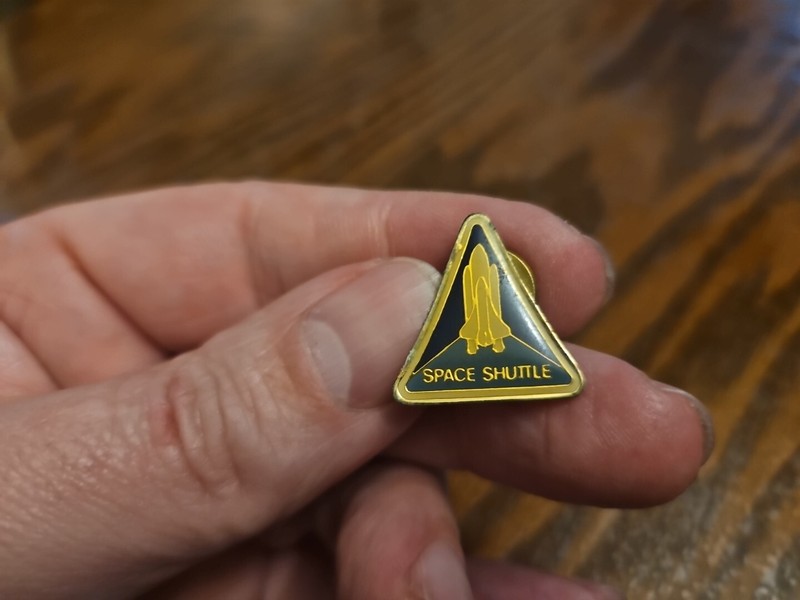 Vintage NASA Space Shuttle Triangle Shaped Enamel Gold Tone Lapel Hat Tie Pin
