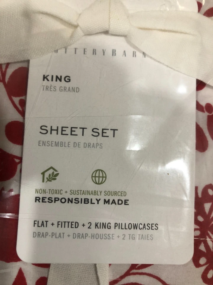 POTTERY BARN KING Red White Nordic Holiday Christmas 4 Piece Cotton Sheet Set - Image 2 of 2