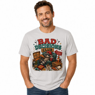 Bad Decisions Club T-Shirt Funny Raccoon Junk Food Graphic Tee Unisex Gift Shirt