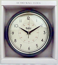 Retro Black Wall Clock, Round Metal Analogue 24cm Battery Op Diner Kitchen