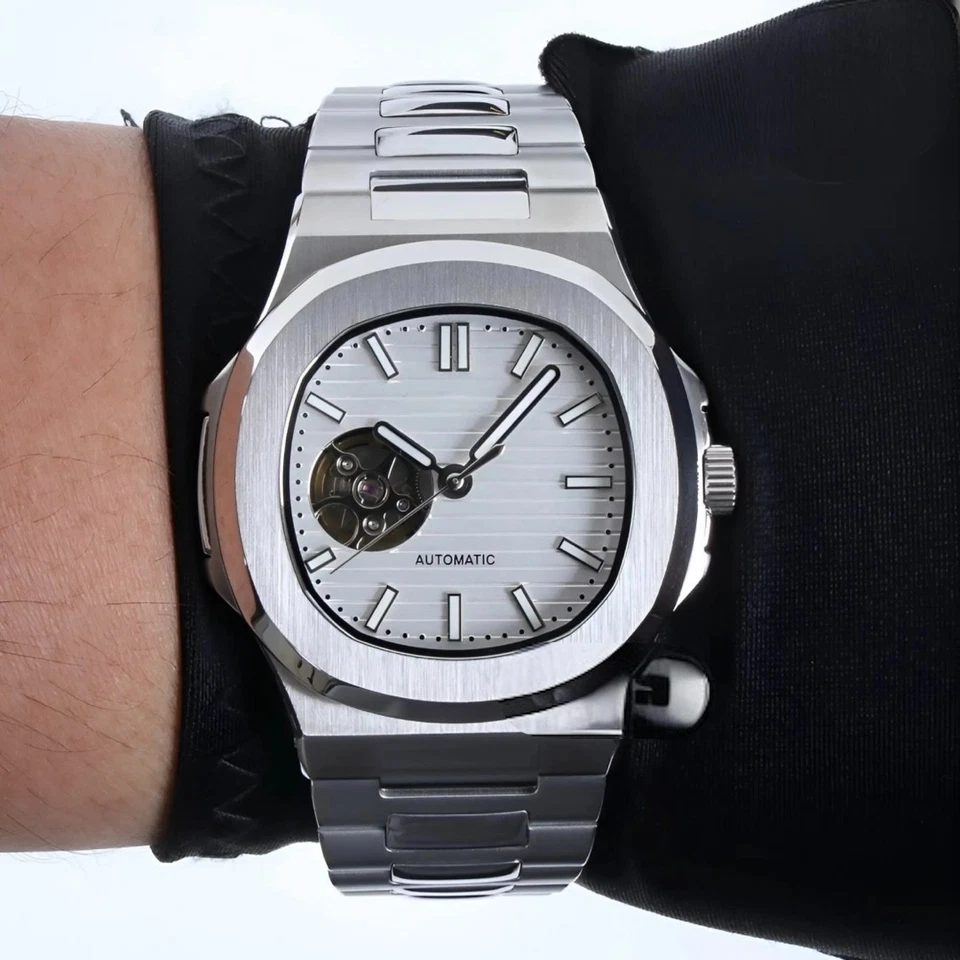 Personalizado 40mm Plateado Pulido Corazón Abierto Estilo NAUT Mod | NH38 Automático Lujo Foto 3 de 4