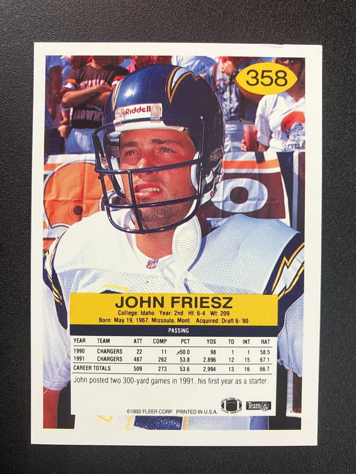 John Friesz 1992 Fleer Chargers In Person IP TTM Signed Auto Autograph - Image 2 of 3