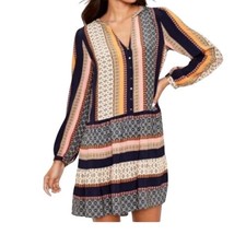 LOFT Women Dress Size S Patchwork Print V Neck Button Front Tiered Mini