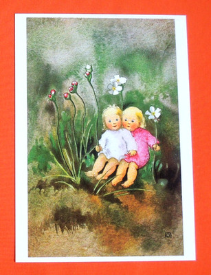 1x Postkarten Mili Weber Schwesterlein Blumenkinder Kinder Kunst Fantasie