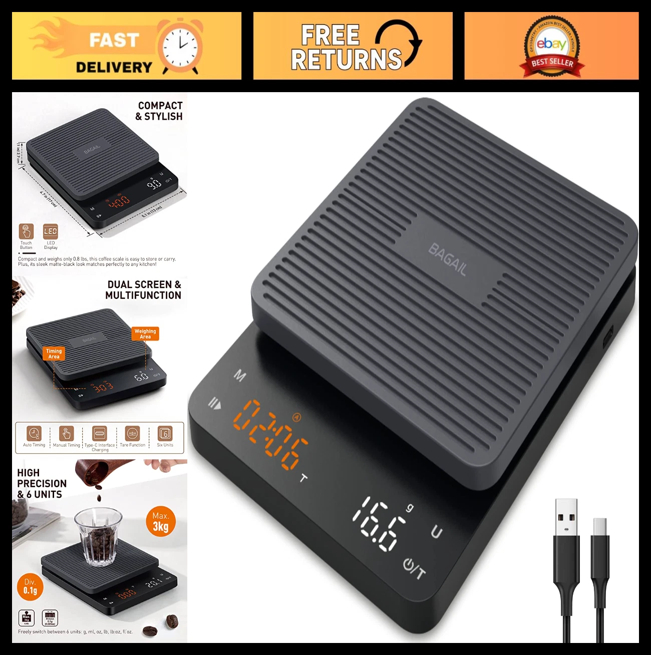 High Precision Coffee Scale with Timer, 0.1g Accuracy, Auto Tare, Touch Sensor,