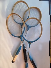 Vintage Badminton Rackets Set of 4 Wood Metal Blue White Retro Yard Game Decor