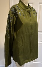 Bob Mackie wearable art jacket green embellished with gray rhinestones size XL