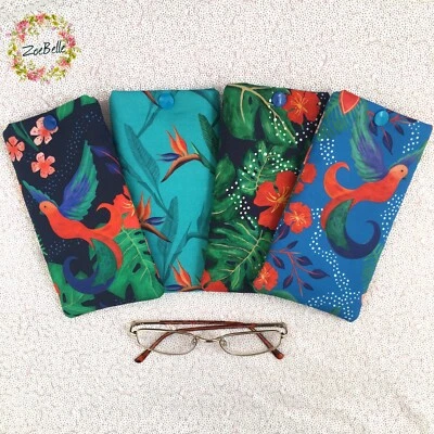 Handmade Glasses Case Soft Padded Spectacle Pouch Tropical Birds Flowers Fabric