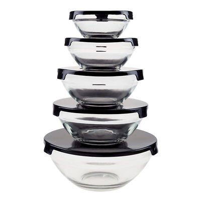 Chef Buddy Set of 5 Glass Nesting Bowls with BPA Free Plastic Black Lids