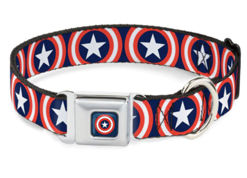 Buckle Down Seatbelt Marvel Captain America Shield 1” Dog Collar Large 15”-26” - Afbeelding 1 van 5