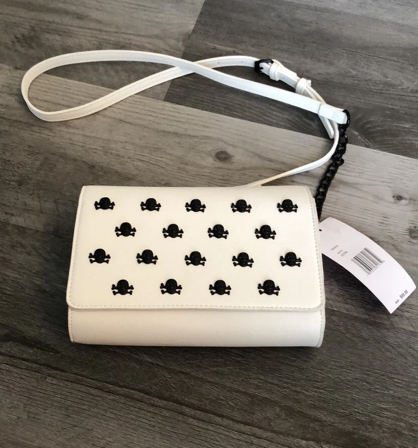 Betsey Johnson White Faux Leather Crossbody With Black Skull Stud Accents NWT