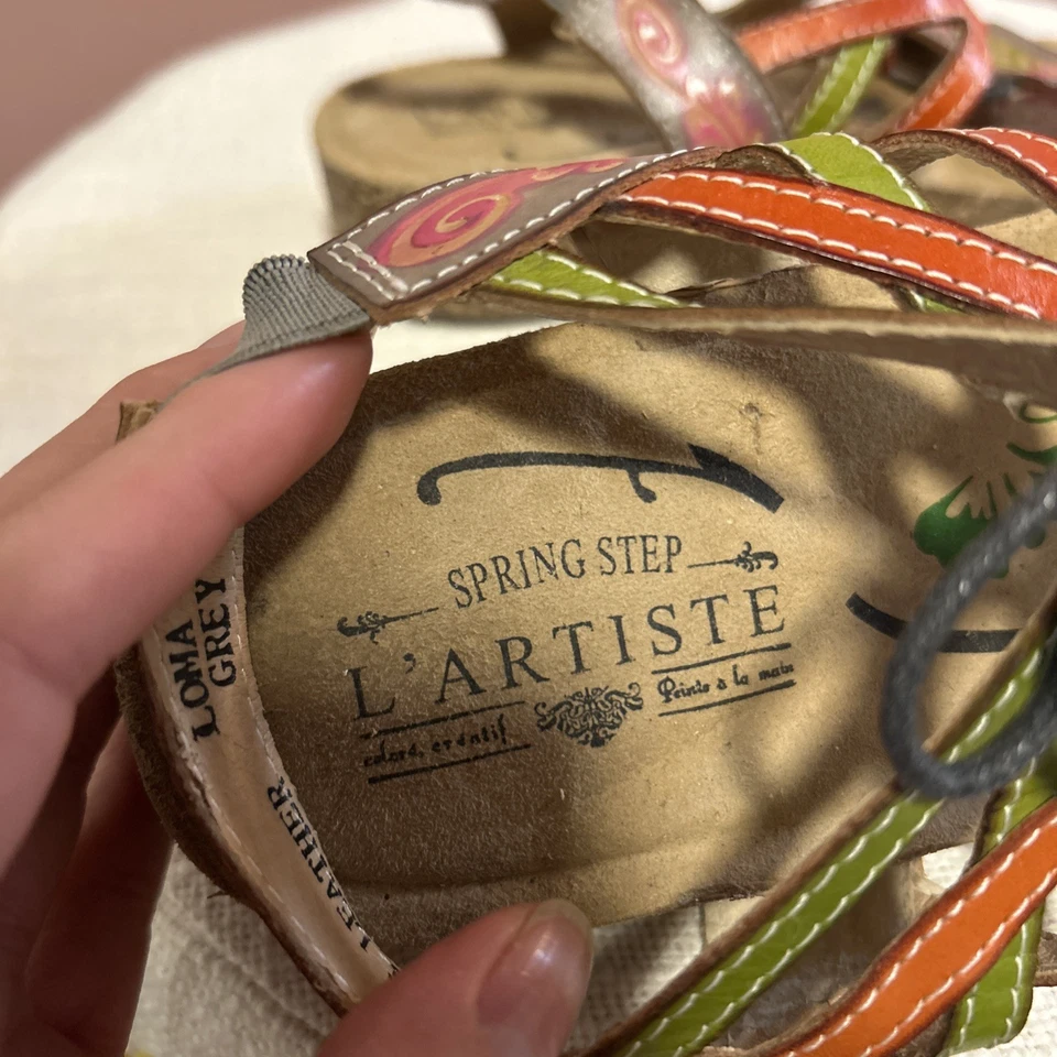 Spring Step L'Artiste 41 Gray Floral Leather Loma Lace Up Cork Wedge Sandals 9.5 - Image 2 of 4