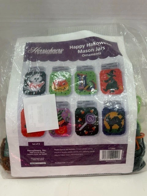 Herrschners Happy Halloween Mason Jars Plastic Canvas Ornament Kit Set of 8