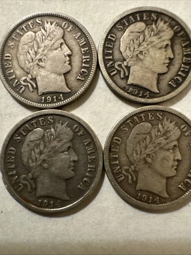 (4)1914 barber dimes lot Of 4 ,3-P,1-D Vary Good Condition  See Pictures