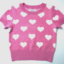 NWT Girls Nik & Leksi hearts short sleeve sweater 5 6 pink & white thick soft