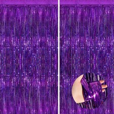 Purple Metallic Tinsel Foil Fringe Curtains, 2 Pack 3.3x8.3 Feet Party Strea...